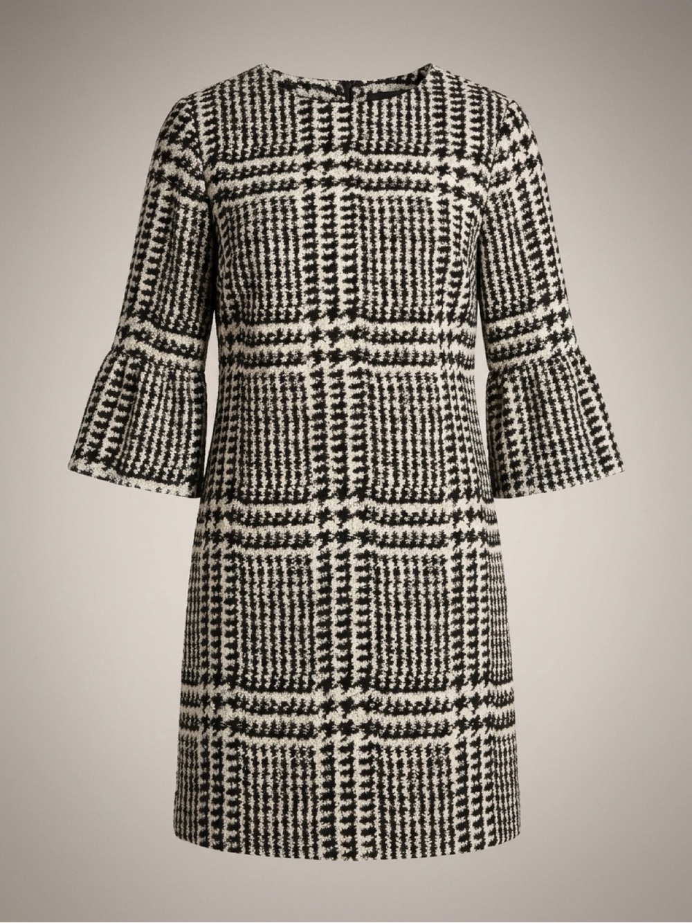 Black & White Check Stretch Midi Dress with Fluted Sleeves